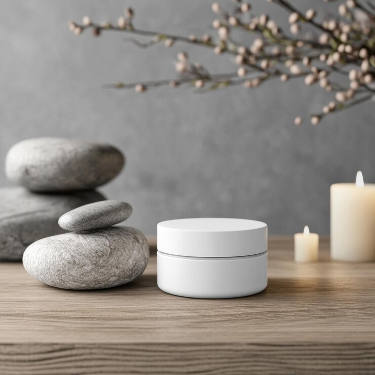 una mesa con rocas una vela blanca y una vela branca