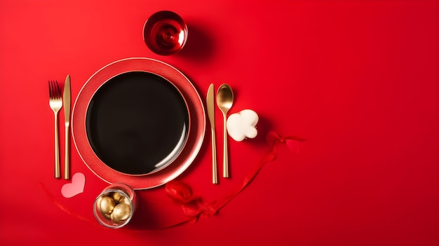 Una mesa roja con un plato y un plato con una vela en forma de corazón.