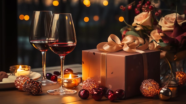 Mesa romántica para el día de San Valentín con caja de chocolates y vino tinto y velas