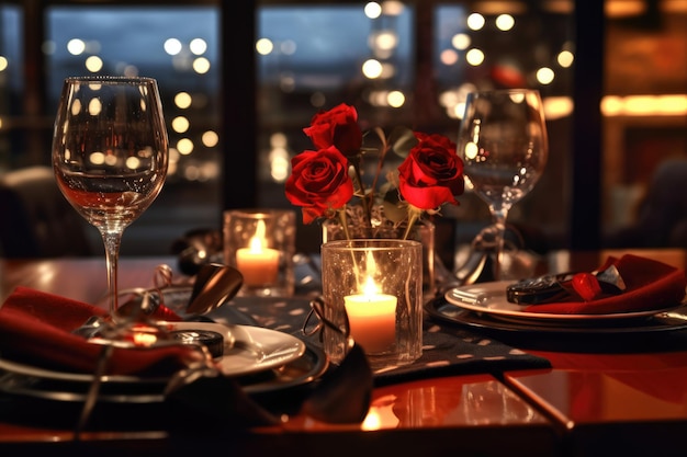 Mesa romántica con velas y flores.