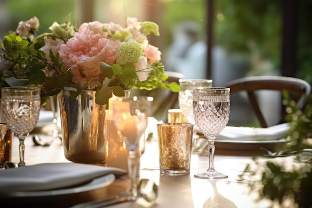 Mesa romántica con velas y flores.