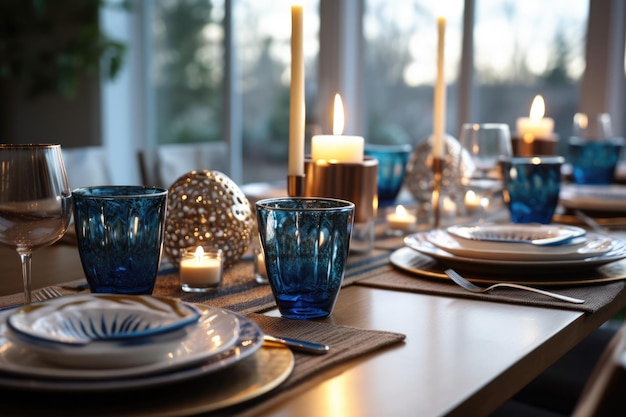 Mesa romántica con velas y flores.