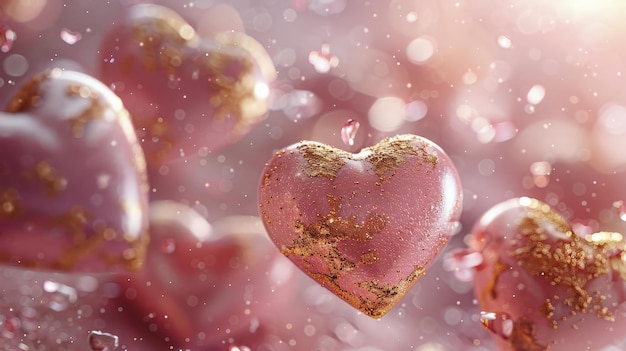 Mesa rosa coberta de corações brilhantes