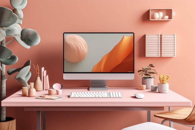 Mesa rosa com computador e papelaria ilustração de renderização 3D