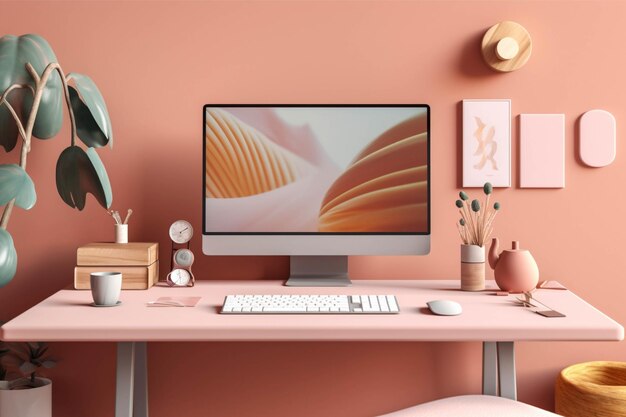 Mesa rosa com computador e papelaria ilustração de renderização 3D