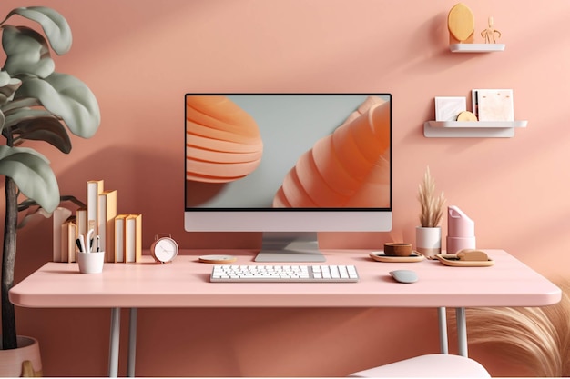 Mesa rosa com computador e papelaria ilustração de renderização 3D