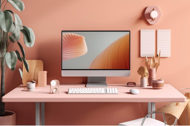 Mesa rosa com computador e papelaria ilustração de renderização 3D