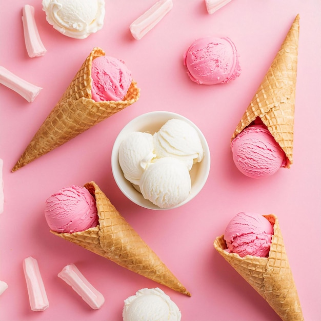 una mesa rosa con conos de helado y helado en ella