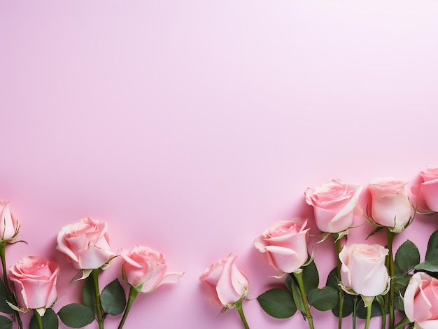 Mesa rosa decorada con rosas desde arriba
