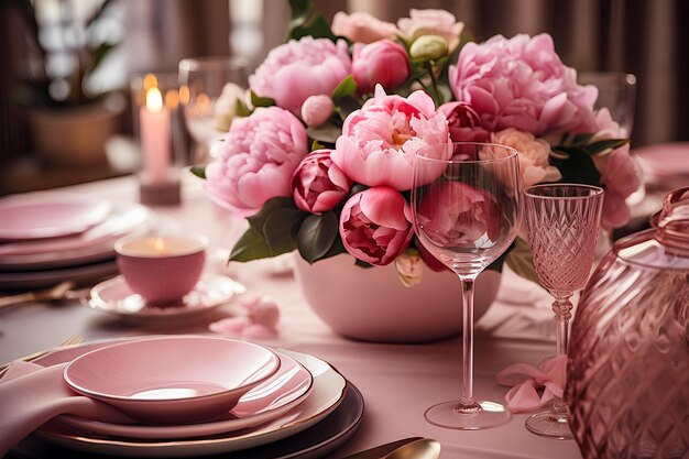 Una mesa rosa con flores y velas.