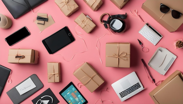 una mesa rosa con un fondo rosa con una caja de cajas marrones en ella