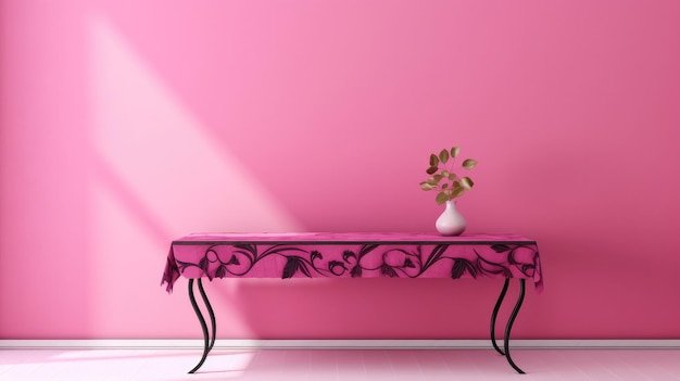 una mesa rosa con un jarrón de flores en ella