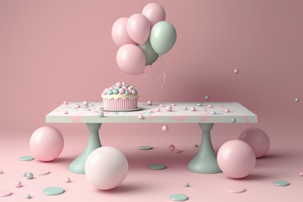 Mesa rosa pastel con marco de globos y confeti de cumpleaños Ilustración AI Generativo