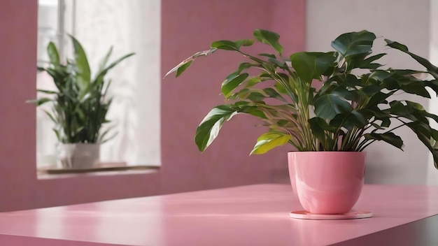 Una mesa rosa con una planta en ella