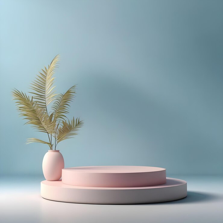 una mesa rosa con una planta y una olla en ella