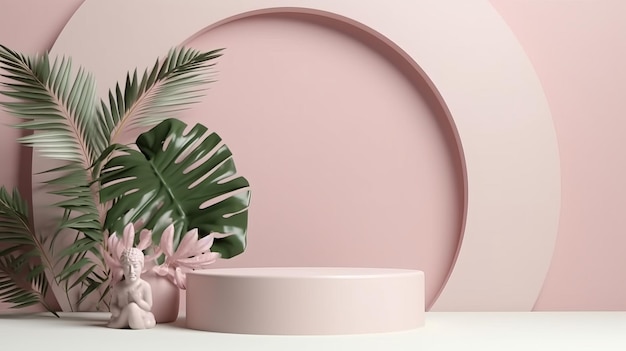 Una mesa rosa con una planta y un plato rosa con borde rosa.