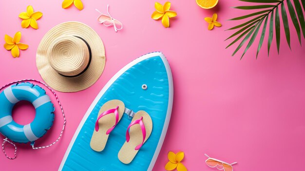 una mesa rosa con una tabla de surf azul y dos sombreros en ella