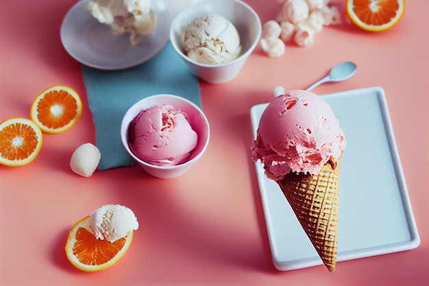 Una mesa rosa con un tazón de helado y naranjas encima.