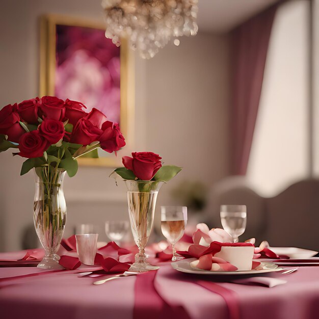 una mesa con rosas rojas y un plato de vino en ella