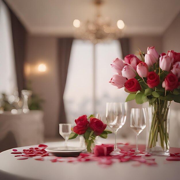 Foto una mesa con rosas y vasos de vino en ella