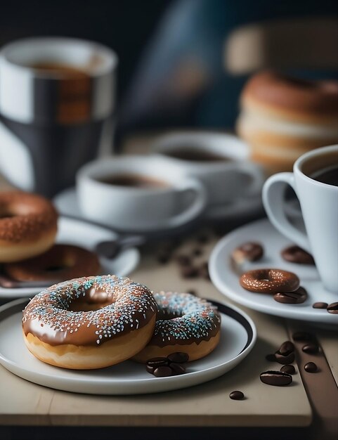 una mesa con rosquillas y tazas de café y café