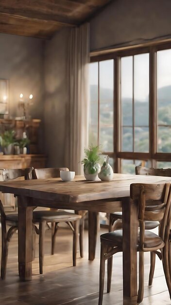 Mesa rústica 3D mirando hacia una habitación moderna desenfocada