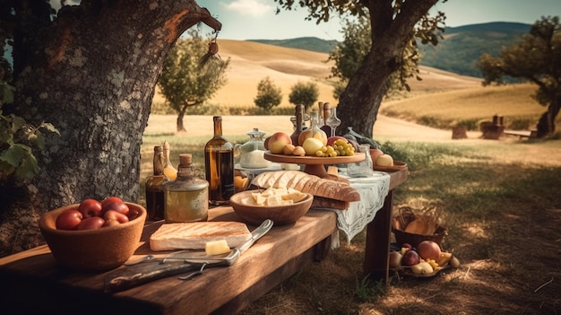 Mesa rústica al aire libre con vino de queso y aceite de oliva en un paisaje italiano comida comida tradicional picnic Mesa con platos y botellas Paisaje italiano Tabla de quesos AI generativa