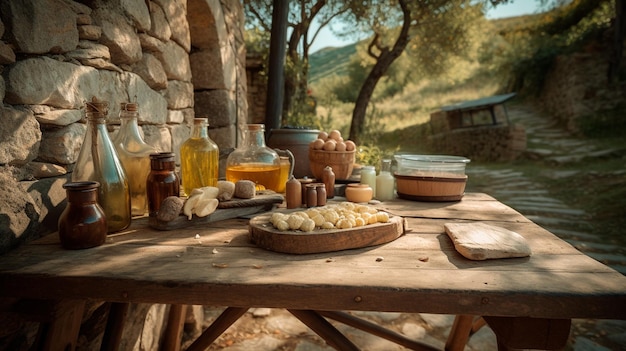 Mesa rústica al aire libre con vino de queso y aceite de oliva en un paisaje italiano comida comida tradicional picnic Mesa con platos y botellas Paisaje italiano Tabla de quesos AI generativa