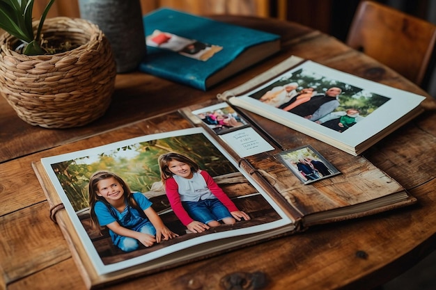 Foto mesa rústica con álbumes de fotos familiares