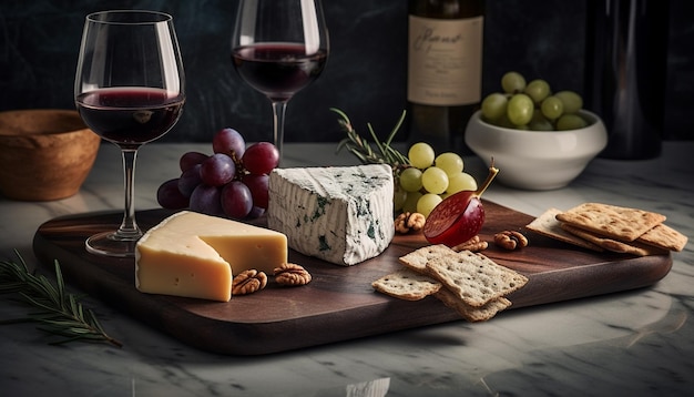 Mesa rústica com queijo gourmet e vinho gerado por IA