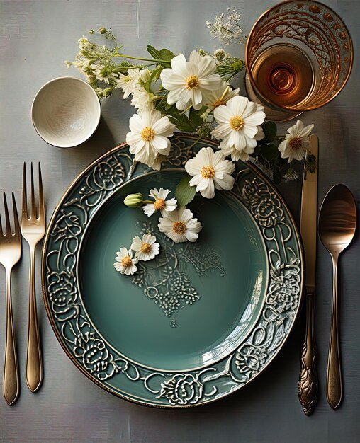 Mesa rústica com vasos de copos de porcelana e flores brancas em tons verdes