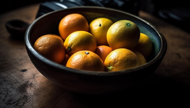 Mesa rústica exibe tigela de frutas cítricas orgânicas frescas gerada por inteligência artificial