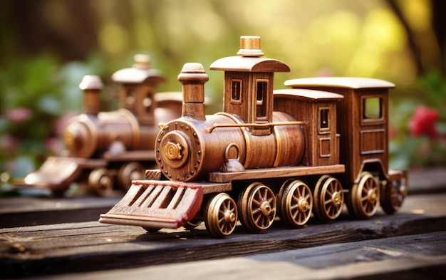 Foto mesa rústica con juego de tren de madera