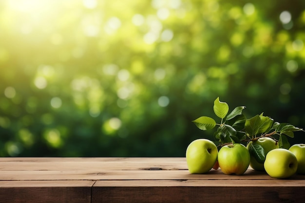 Mesa rústica de madera adornada con manzanas y frutas verdes frescas IA generativa