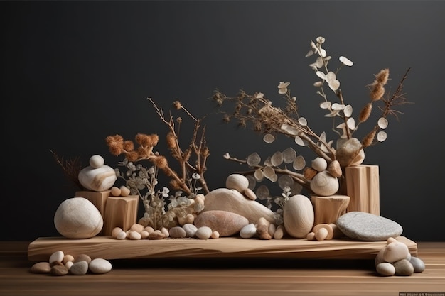 Mesa rústica de madera adornada con una variedad de piedras naturales y exuberantes plantas verdes IA generativa