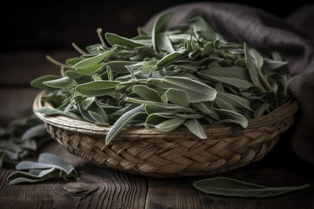 Mesa rústica de madera con canasta de hojas verdes frescas IA generativa