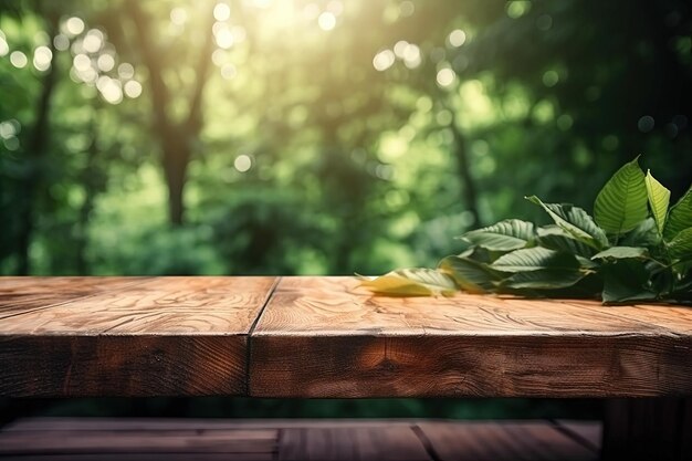 Foto mesa rústica de madera con hojas de otoño esparcidas por su superficie creada con tecnología de ia generativa