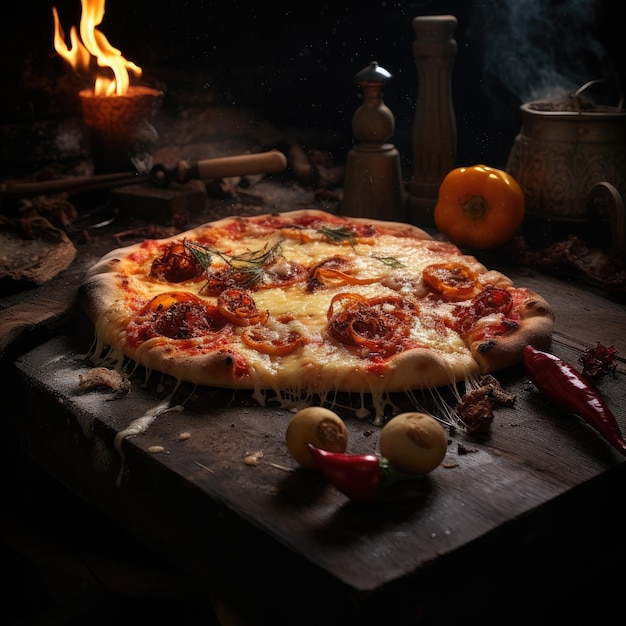 Mesa rústica de madera con pizza Margarita con fuego en la parte trasera owen generative ai