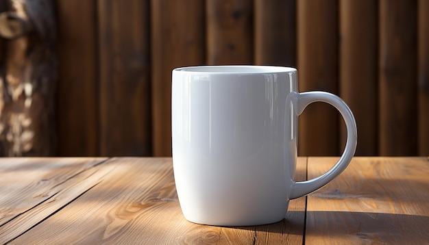 Foto mesa rústica de madera con taza de café fresca y caliente generada por inteligencia artificial