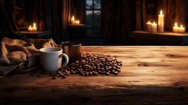 Una mesa rústica de madera con una taza de café ultra