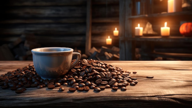 Una mesa rústica de madera con una taza de café ultra