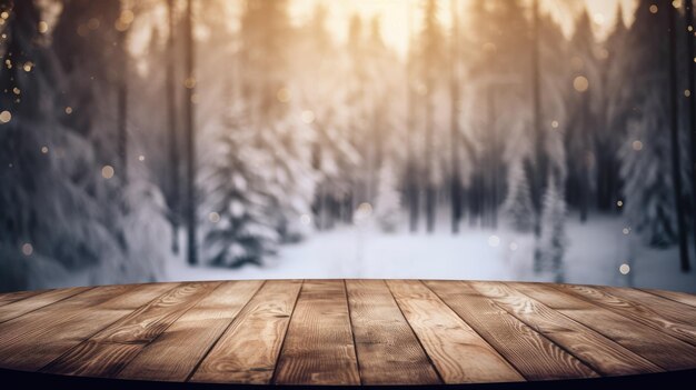 La mesa rústica de madera vacía de color marrón oscuro con el fondo borroso del bosque de invierno en Finlandia Exuberante