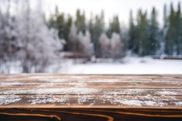 La mesa rústica de madera vacía de color marrón oscuro con el fondo borroso del bosque de invierno en Finlandia Imagen generativa de IA AIG30