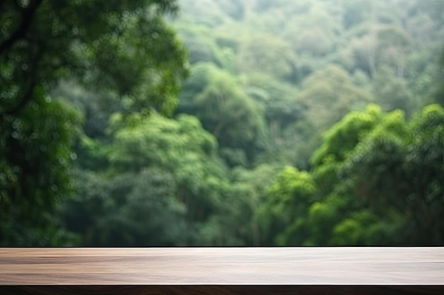 Una mesa rústica de tablones de madera con un fondo selvático borroso en la imagen aig30 IA generativa