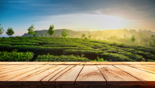 Mesa rústica vacía frente al paisaje de plantaciones de té al amanecer.