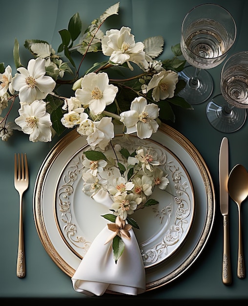 Mesa rústica con vajilla de porcelana, vasos, jarrones y flores blancas en tonos verdes.