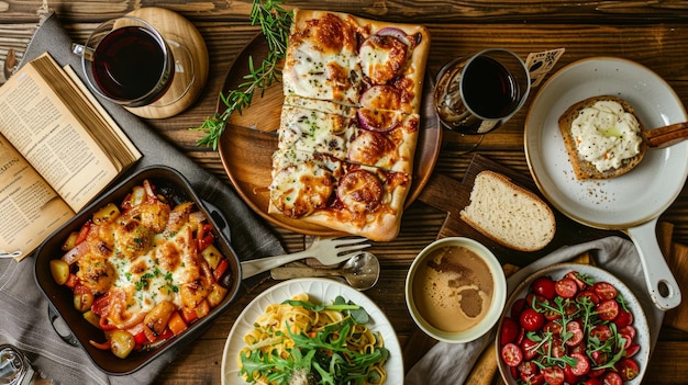 Mesa rústica con una variedad de platos italianos gourmet y vino para una cena acogedora