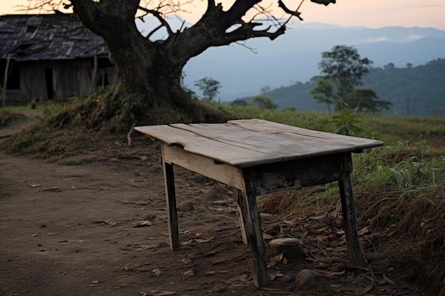 Mesa rústica vazia na frente da paisagem da plantação de chá ao nascer do sol