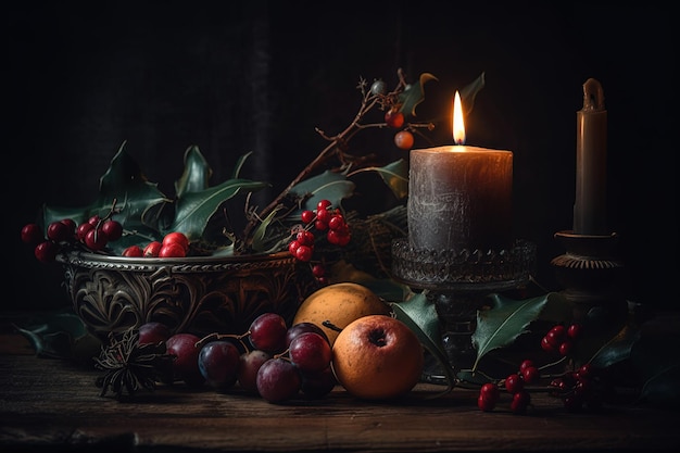 Mesa rústica con vela encendida y frutas frescas IA generativa