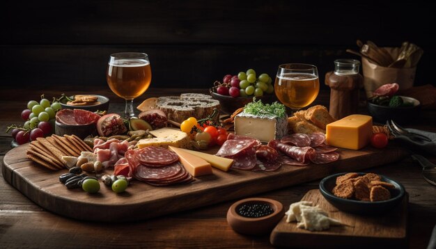 Mesa rústica con vino de carne gourmet y aperitivos frescos generados por IA